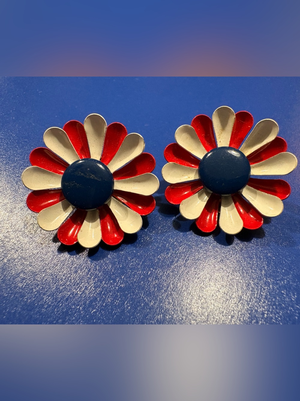 Vintage Patriotic Red, White & Blue Daisy Clip-On Earrings